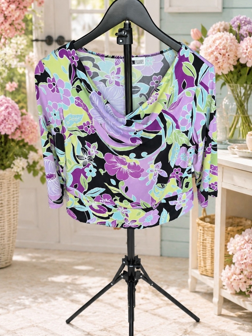 I.N. Studio Floral Cowl Neck Blouse - Purple, Black, Lime